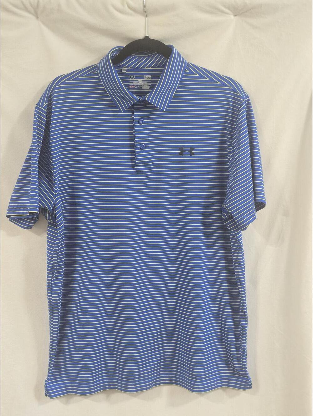 Under Armour HeatGear Loose Fit Polo Shirt LG Blue Yellow Striped